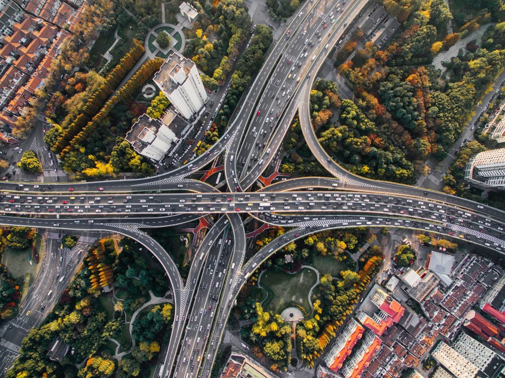 Aerial of many cars on Highway Crossing